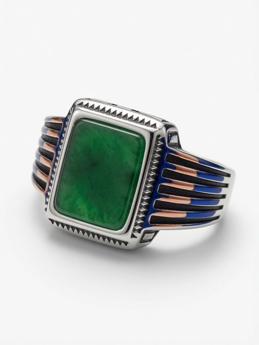 Thumbnail: MoMo & More -18mm- Natuurlijke Gelegde Groene Jade Steen Zegelring - Unisex
