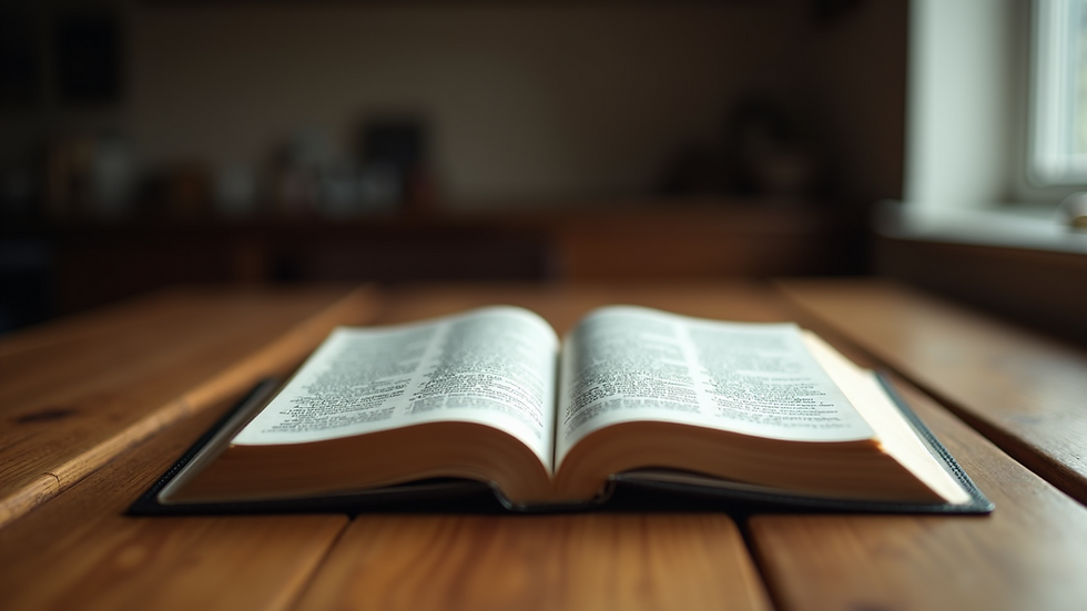 Eye-level view of an open Bible on a wooden table