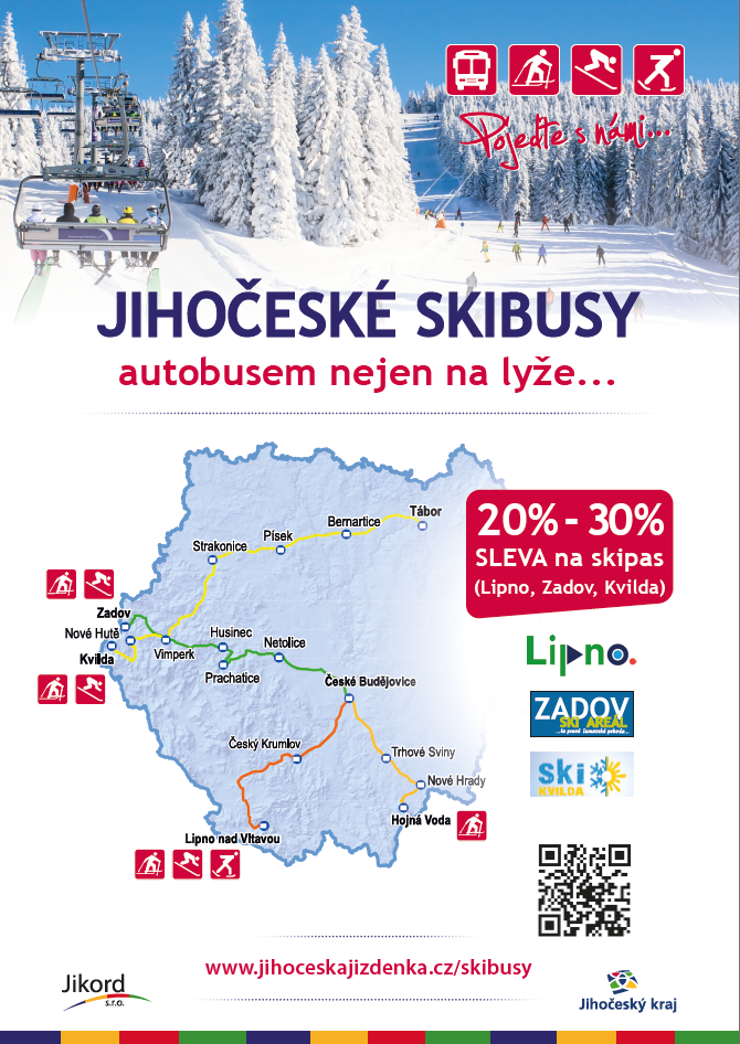 Ski Bus Zadov, Lipno, Kvilda, Vimperk, Nové Hutě. Prachatice, Strakonice, Písek, Tábor, České Budějovice, Český Krumlov