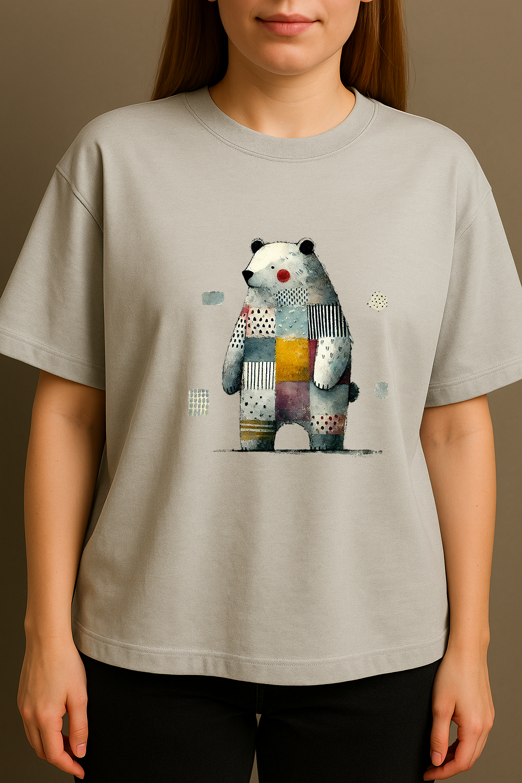 Patchwork Kutup Ayısı Baskılı Unisex %100 Pamuk Oversize Bisiklet Yaka Gri T-shi