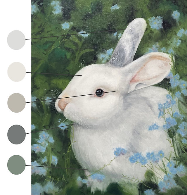 painting of a white bunny in a field of blue flowers