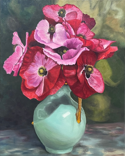 Oil painting of pink and red poppies in a vase: "Remembrance" by Barbara Teusink