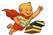 Animated child wearing a cape and flying over a stack of three books