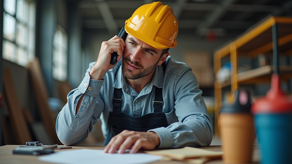 Eye-level view of a contractor answering a phone call in a workshop