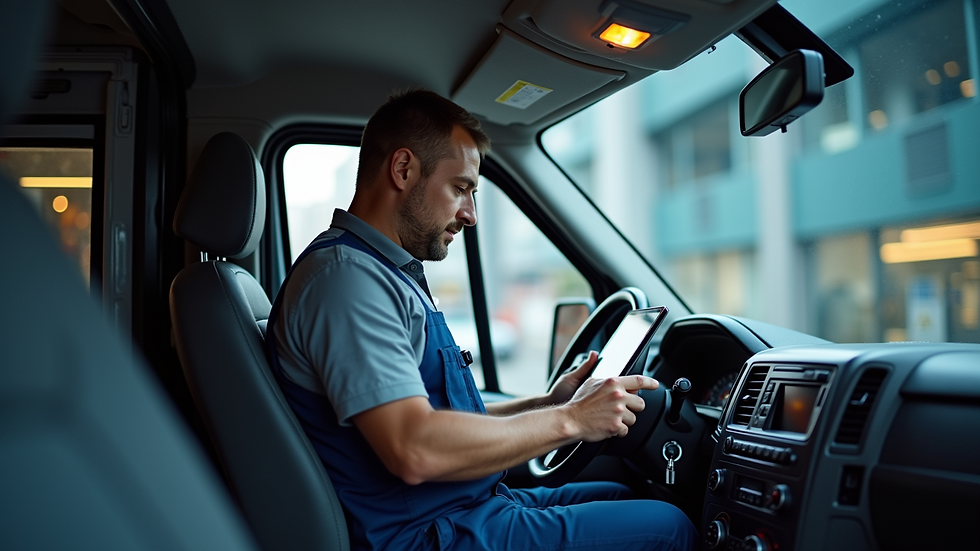 Eye-level view of a technician using a tablet in a service van