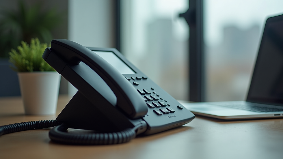 Eye-level view of a modern office phone on a desk