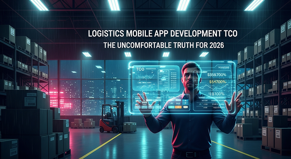 Man interacts with a virtual interface in a warehouse. Boxes on shelves. Text reads "Logistics Mobile App Development TCO" and "2026."