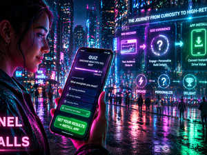 Woman in a neon-lit city using a phone quiz app. Text: "Building a Quiz Funnel That Drives App Installs" and related graphics.