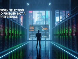 A person stands in a futuristic server room with neon lights, viewing data on floating screens. Text: "Framework selection is a TCO problem."