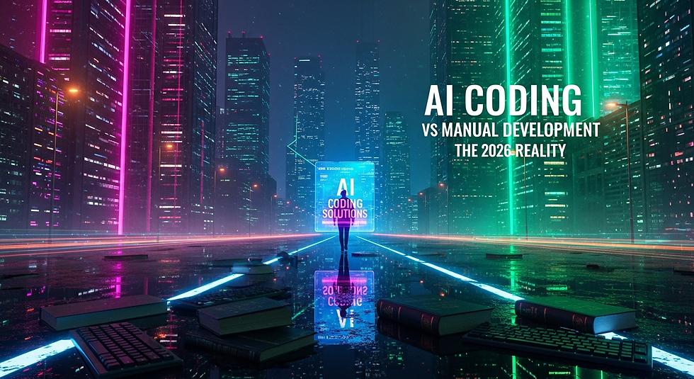 Futuristic cityscape with neon lights, books, and keyboards. Text reads "AI Coding vs Manual Development: The 2026 Reality."