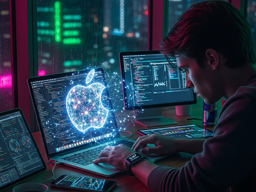 Person coding on a laptop with a holographic Apple logo. Surrounded by screens in a neon-lit room with cityscape view. Blue and pink tones.
