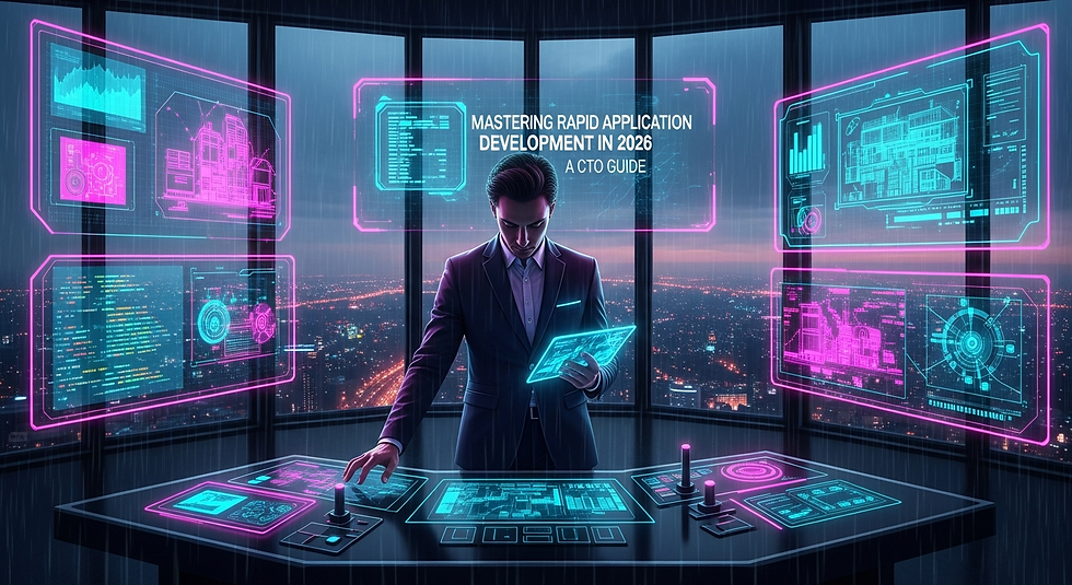 Futuristic city setting with a person in a suit using holographic displays. Text: "Mastering Rapid Application Development in 2026: A CTO Guide."