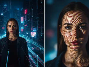 A woman stands in a futuristic cityscape, neon lights and digital lines surrounding. Close-up shows Fingerprint like pattern projected on her face.
