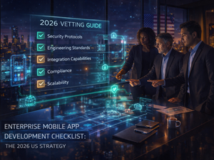 Three people in business attire interact with a futuristic digital display showing the 2026 Vetting Guide; cityscape visible in the background.