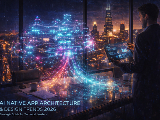 Man in office looks at tablet with digital hologram of AI network. Cityscape at night through window. Text: AI Native App Architecture & Design Trends 2026.
