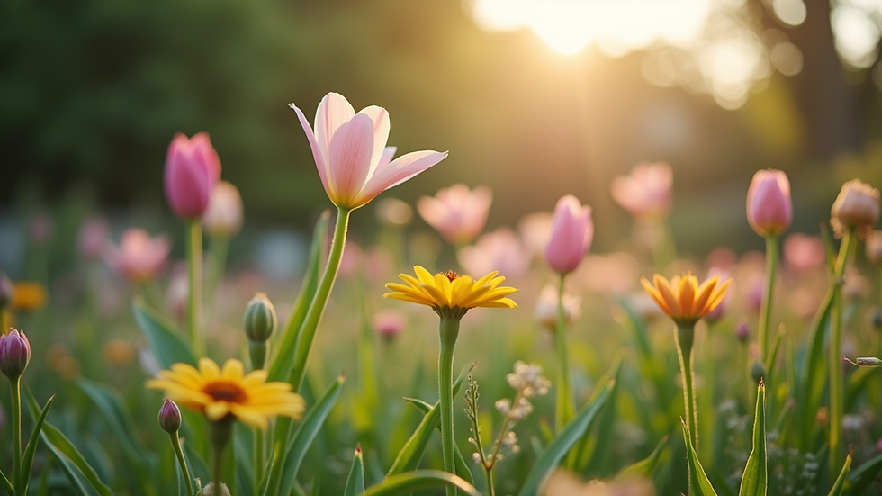 Eye-level view of a serene garden with blooming flowers