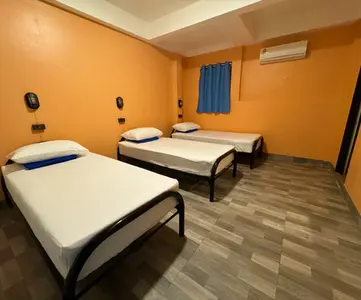 3 single beds in a line in a triple room at Revolution Hostel Chiang Mai