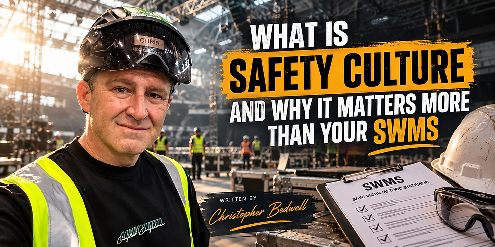 Worker in hard hat and hi-vis vest at industrial site beside SWMS clipboard; large text asks what safety culture is, serious mood.