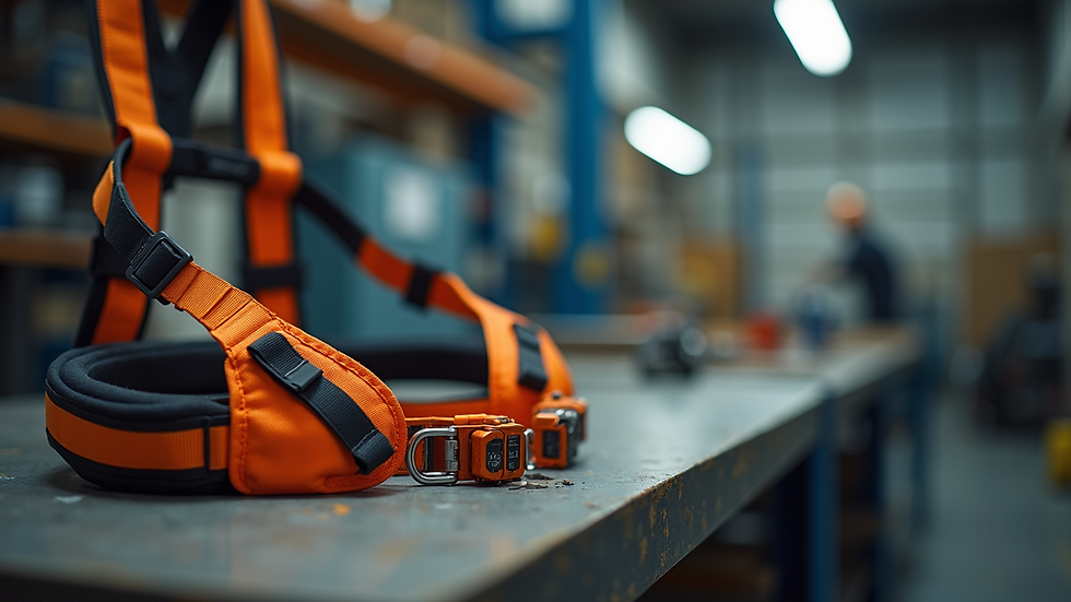 Close-up view of safety harness and equipment on a workbench