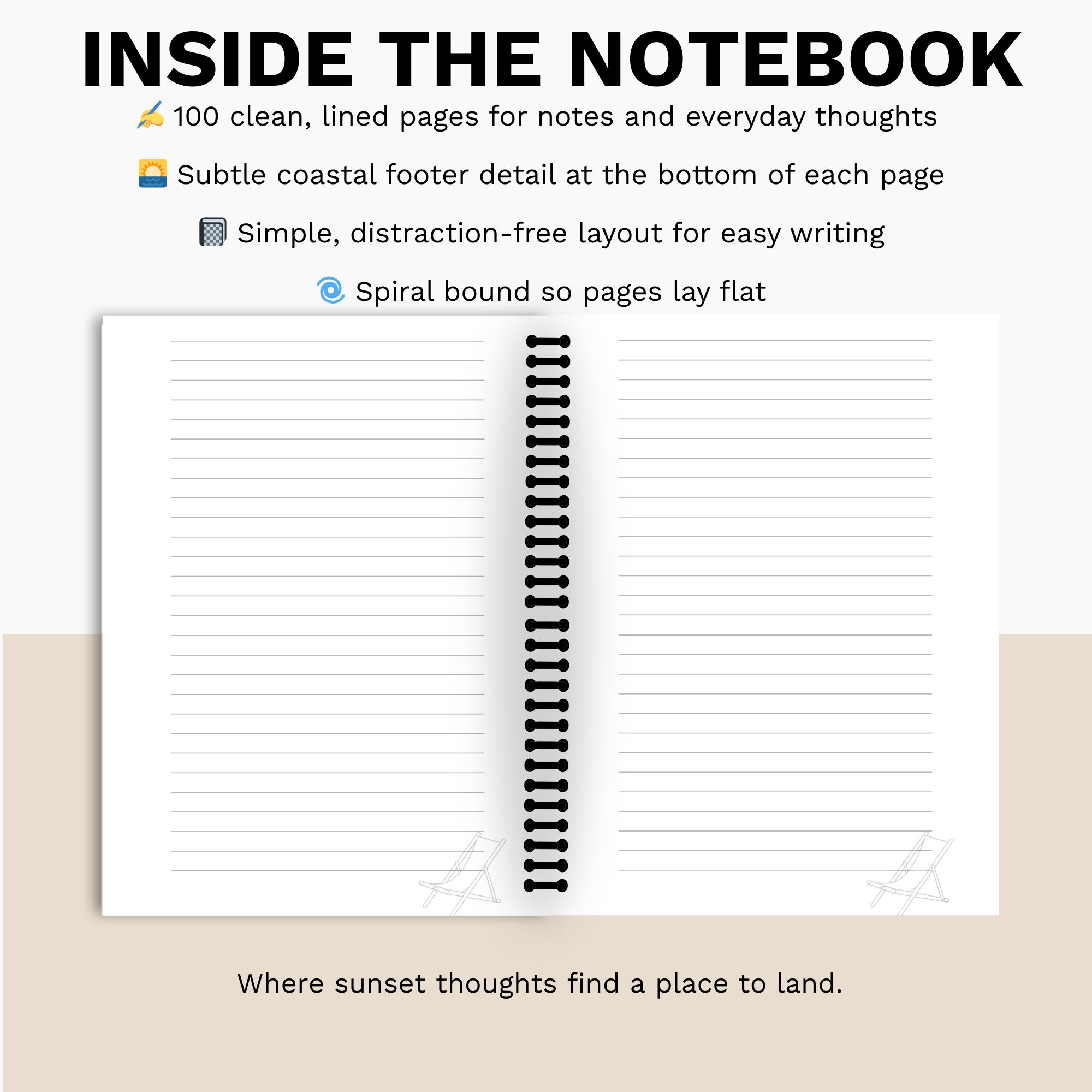 Inside pages of Sunset Escape spiral notebook showing lined paper layout