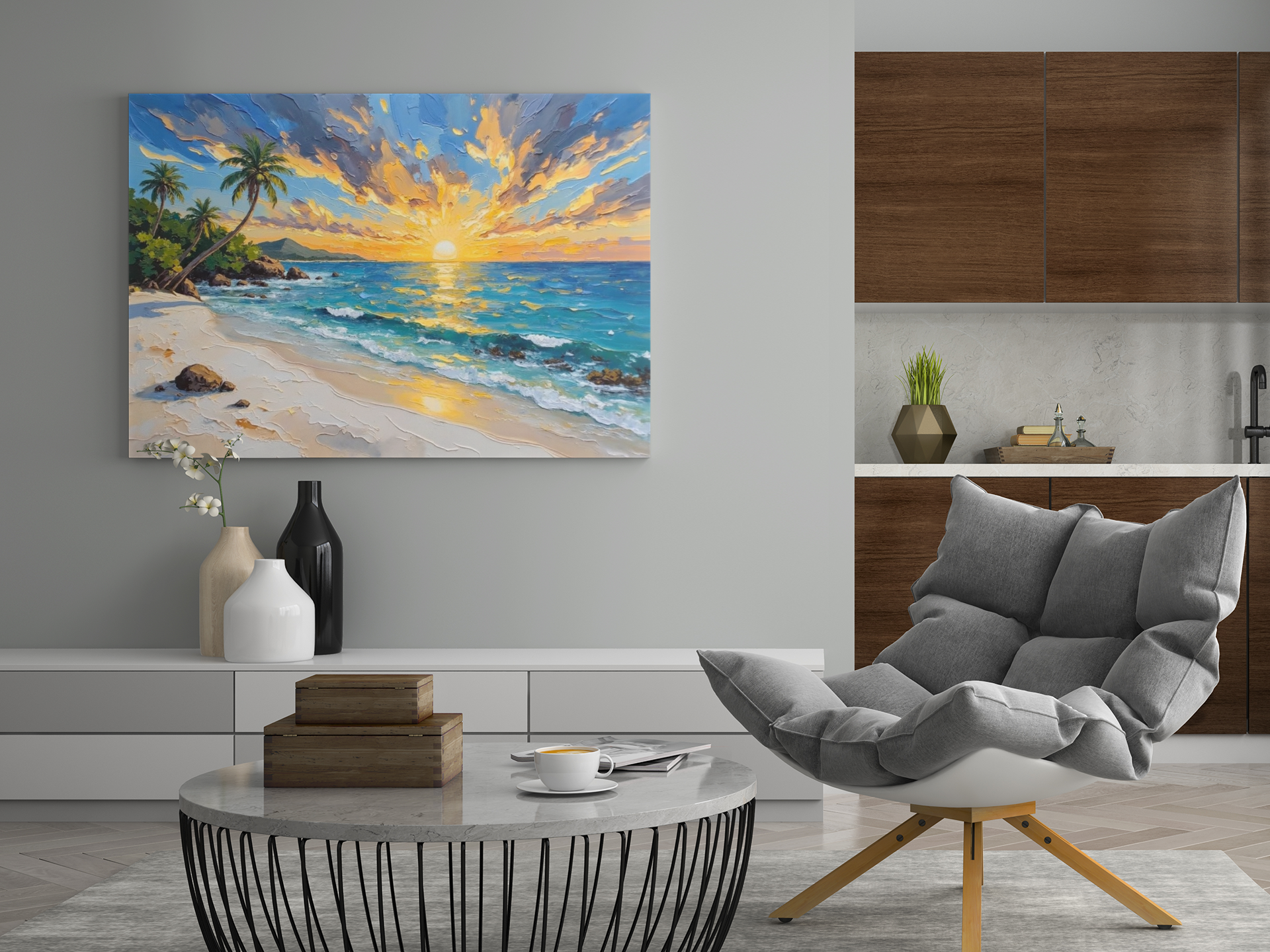 Tropical Sunrise Wall Art in Modern Living Room – Coastal Sunset Print Display