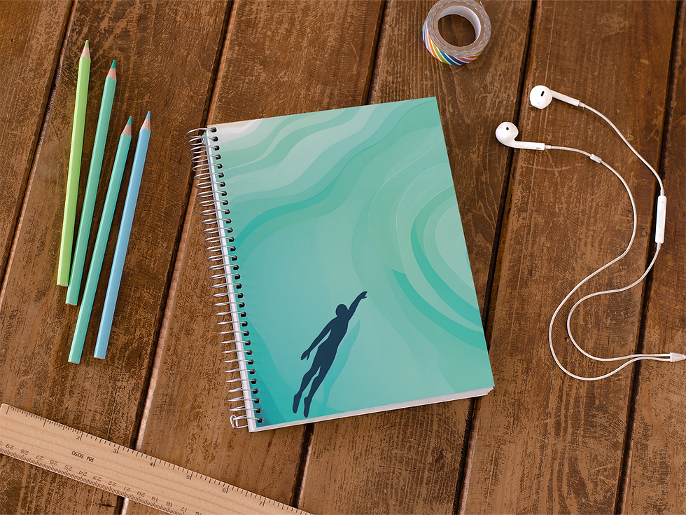 Thumbnail: Spiral swim notebook on wooden desk with pens and swim gear, Still in Motion lined notebook by Print & Panic