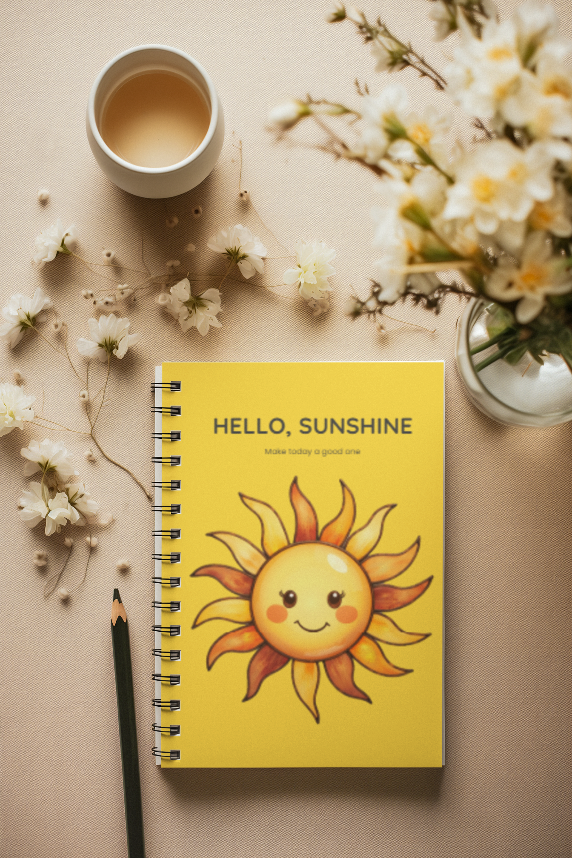 Hello Sunshine notebook lifestyle photo on desk with coffee and flowers
