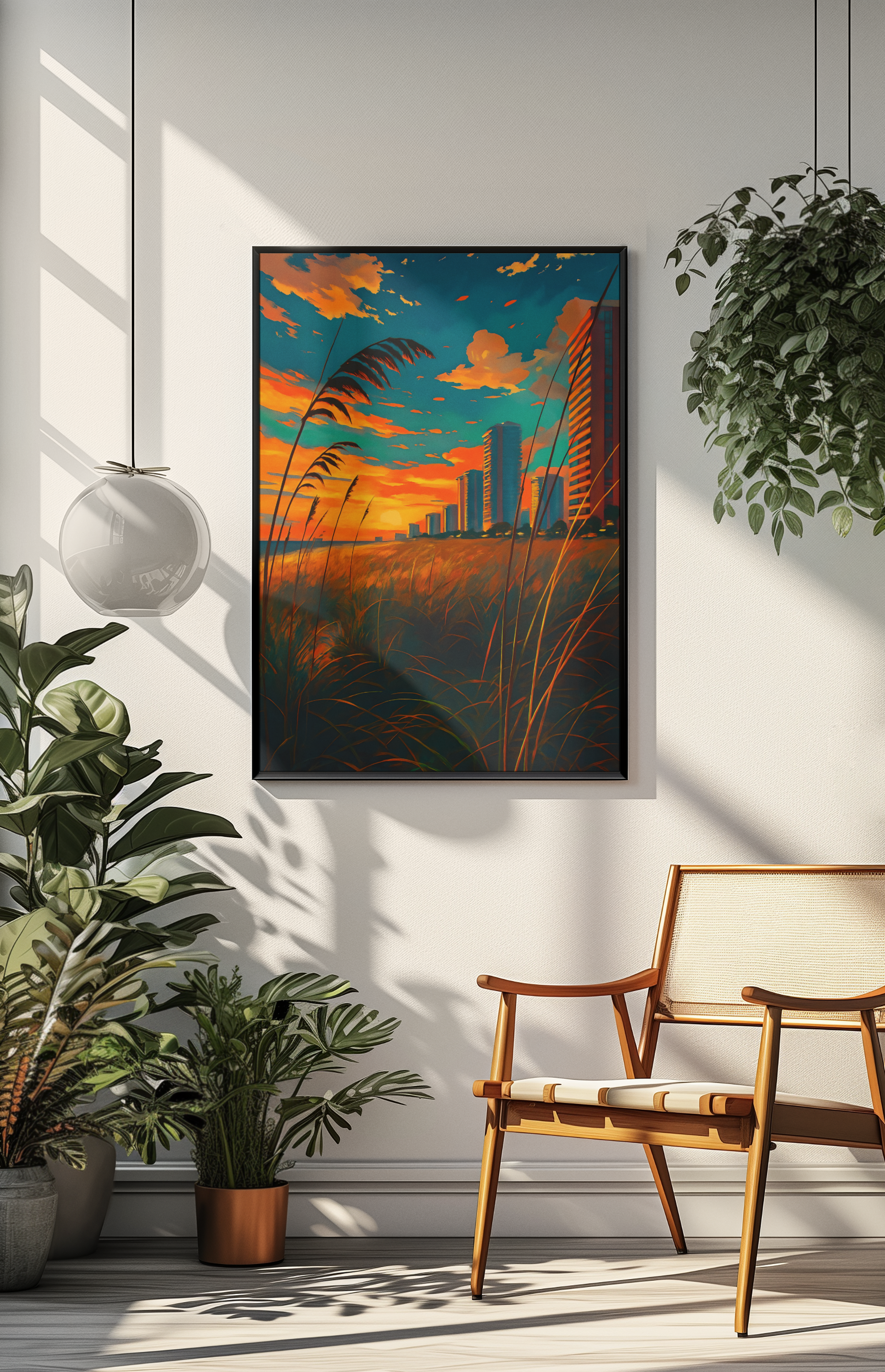 Sunset in Stillness wall art displayed in modern coastal living room with natural light and indoor plants