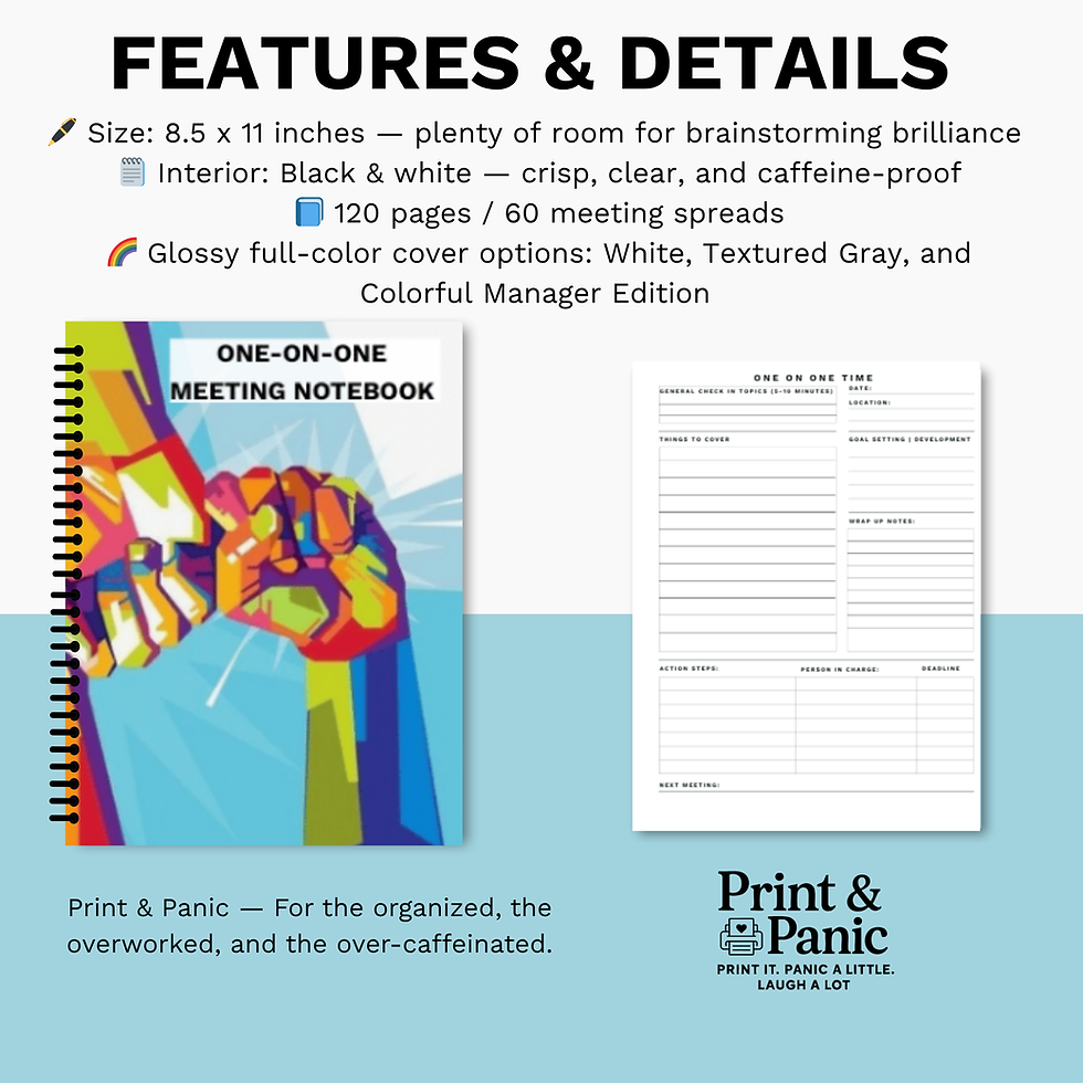 Thumbnail: One-on-One Meeting Notebook with colorful abstract cover shown with product features and specifications