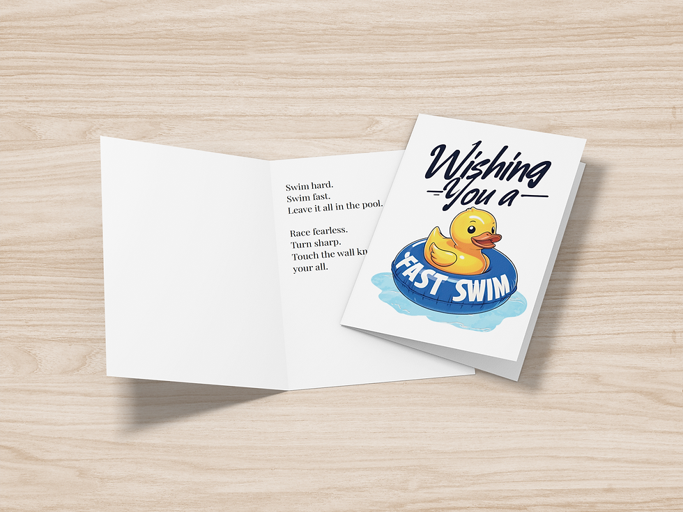 Thumbnail: Open printable swim meet encouragement card showing duck design and motivational inside message