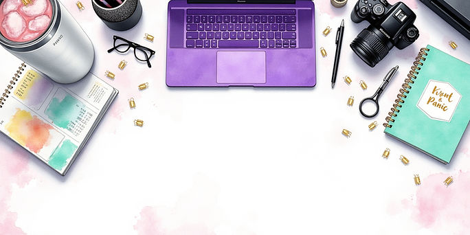 Creative desk setup with laptop, planner, and office tools for content creation and workflow