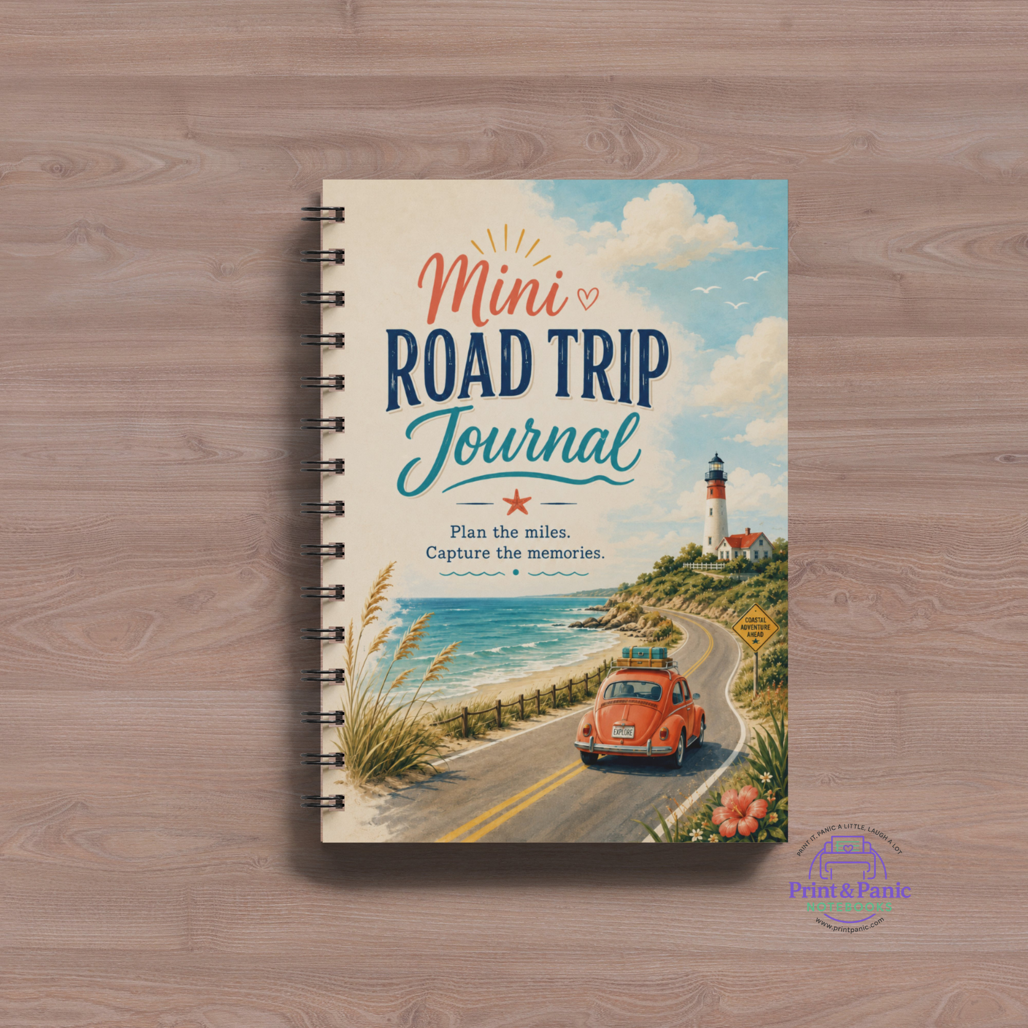 Coastal Mini Road Trip Journal 6x9 spiral notebook on wood background