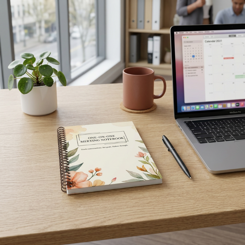 Thumbnail: Floral one-on-one meeting notebook on a desk beside a laptop, mug, and pen in a bright office workspace