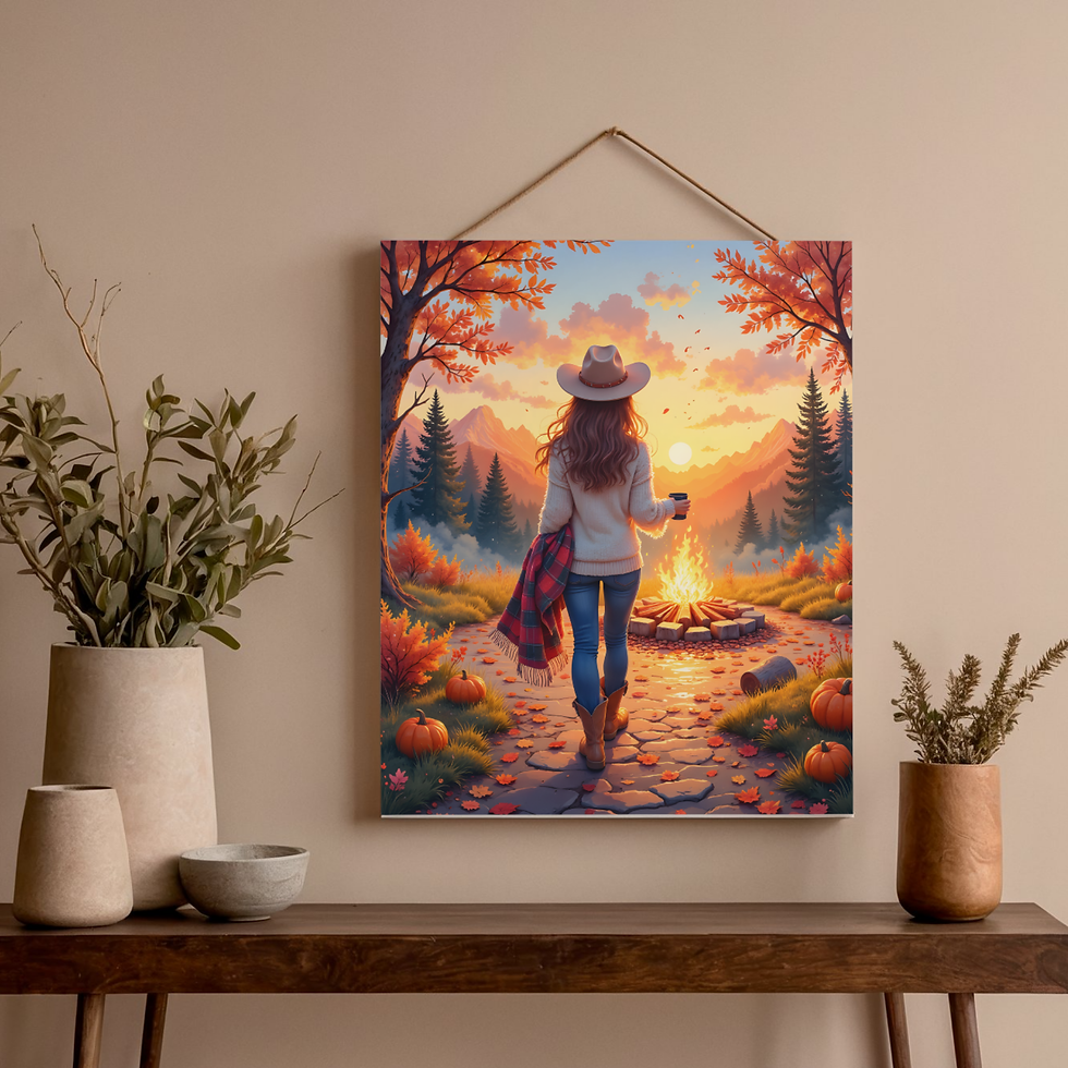 Thumbnail: Framed fall brunette cowgirl wall art above a wooden shelf with neutral decor and plants in a cozy boho room