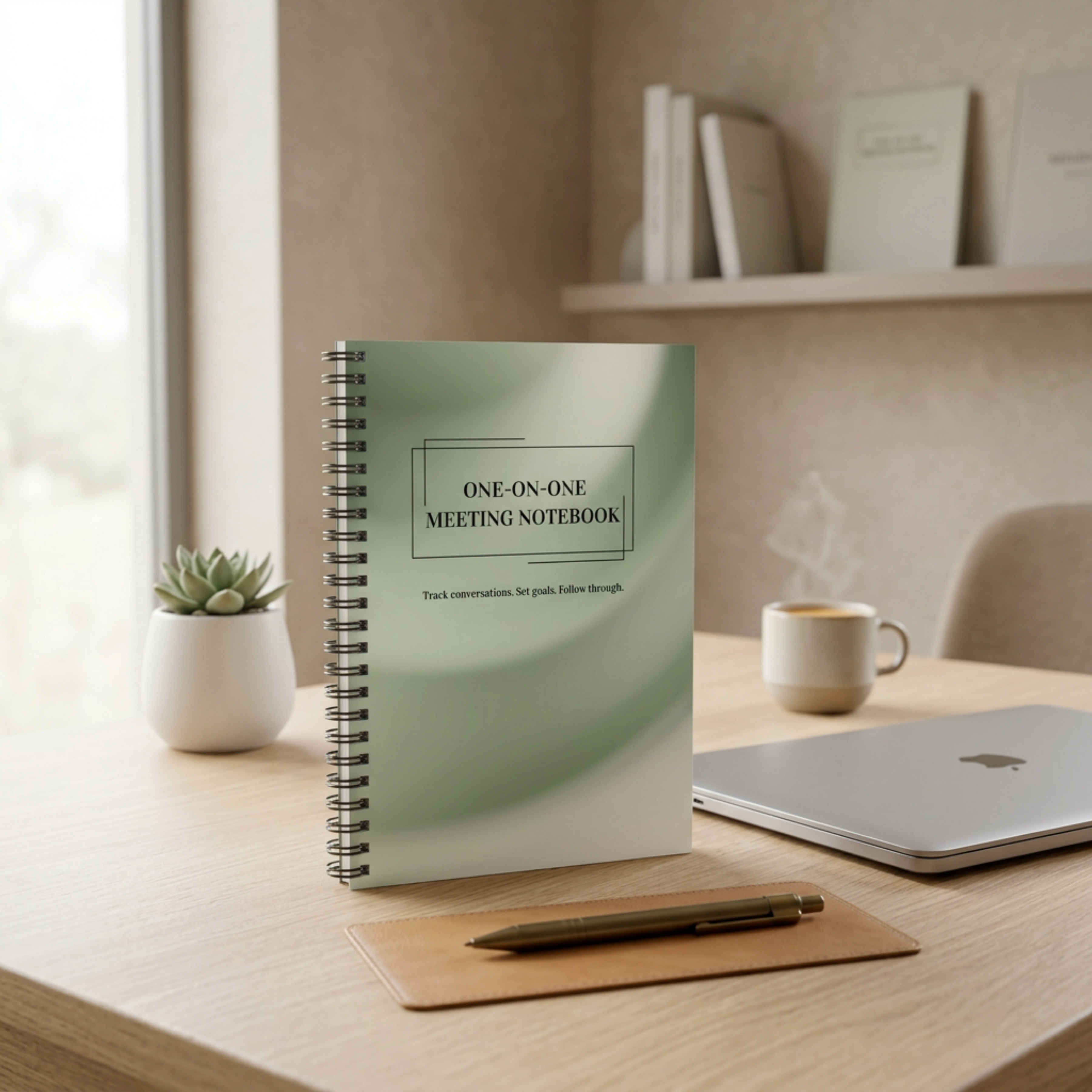 Sage one-on-one meeting notebook standing on a desk beside a laptop and pen in a calm office workspace