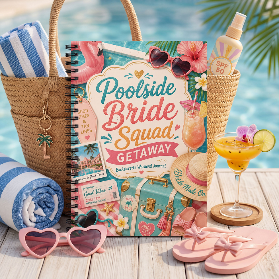 Thumbnail: Poolside Bride Squad Getaway Journal styled with beach tote, towel, sandals, sunglasses, and poolside accessories.