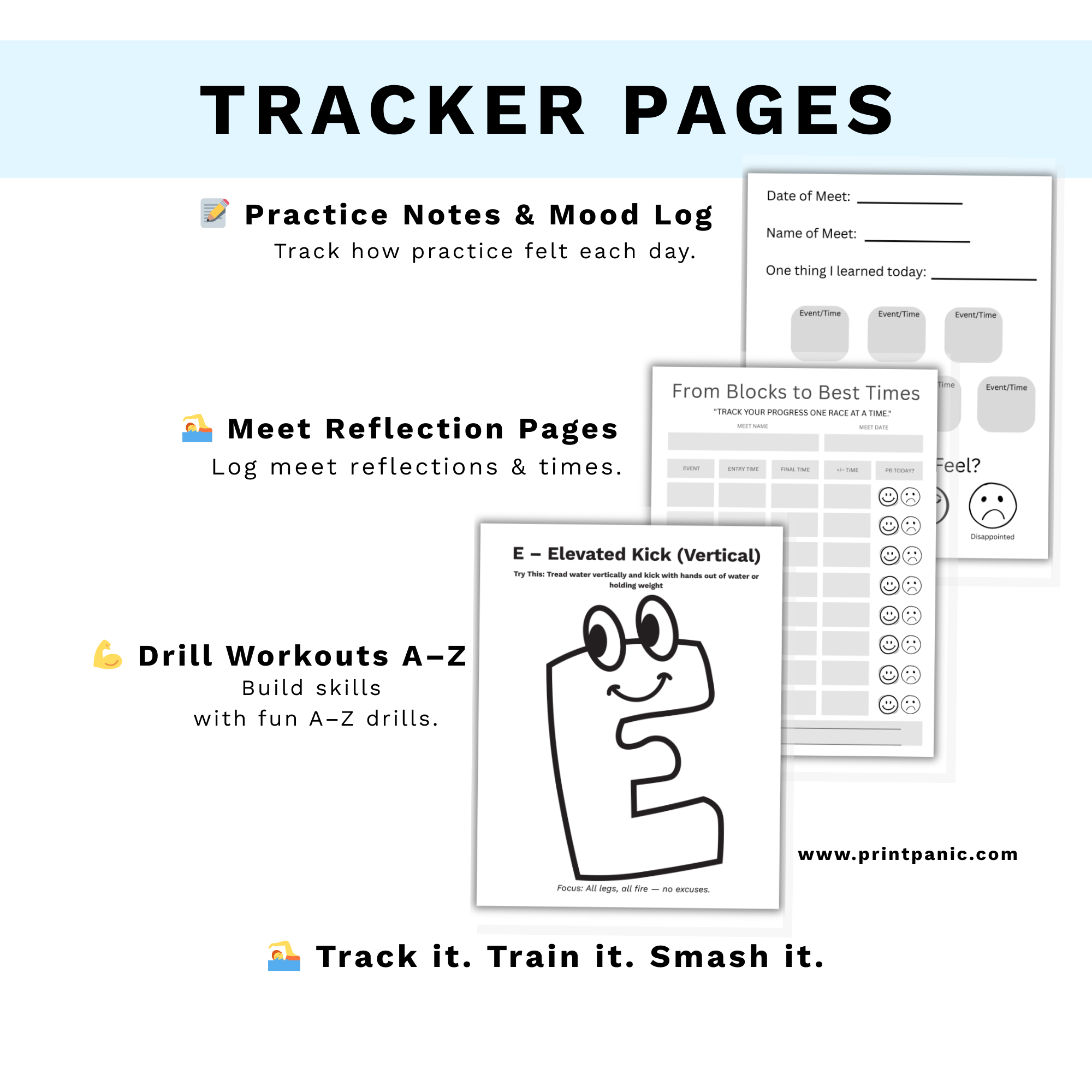 “Swim planner practice and meet tracker pages with goal setting and notes section.”