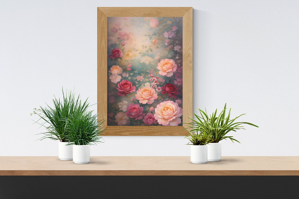 Vintage rose floral printable wall art in wood frame styled on shelf with small plants