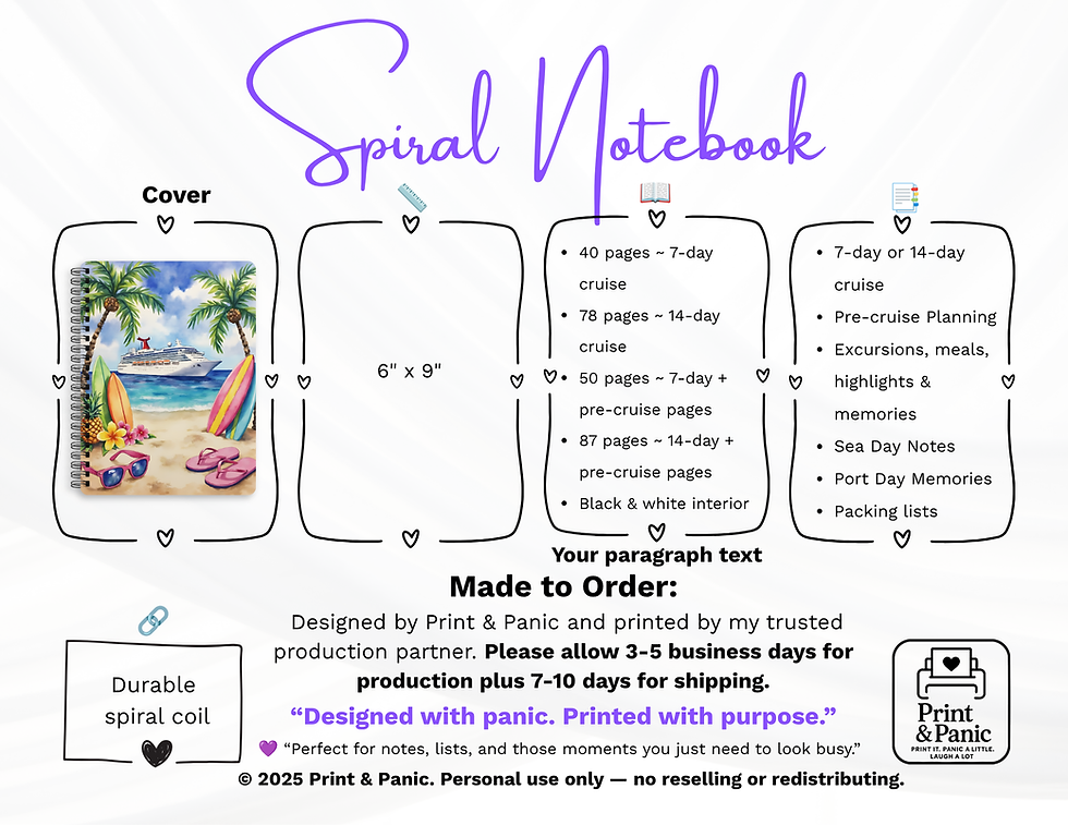 Thumbnail: Spiral notebook details showing Surfboard Cruise Journal cover, page layout, size, and binding