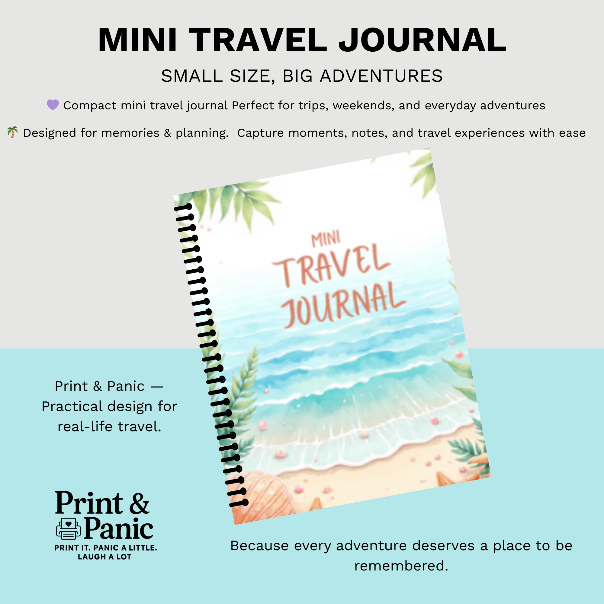 Mini travel journal 6x9 spiral notebook product listing graphic with coastal beach theme