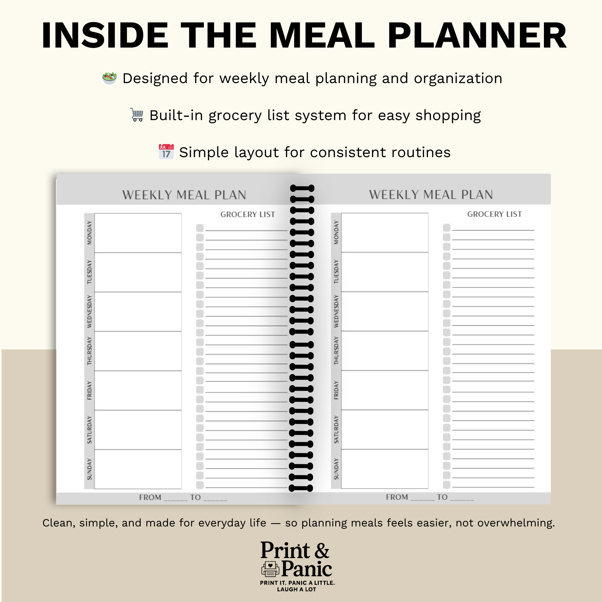Inside the weekly meal planner showing weekly layout and grocery list planning pages