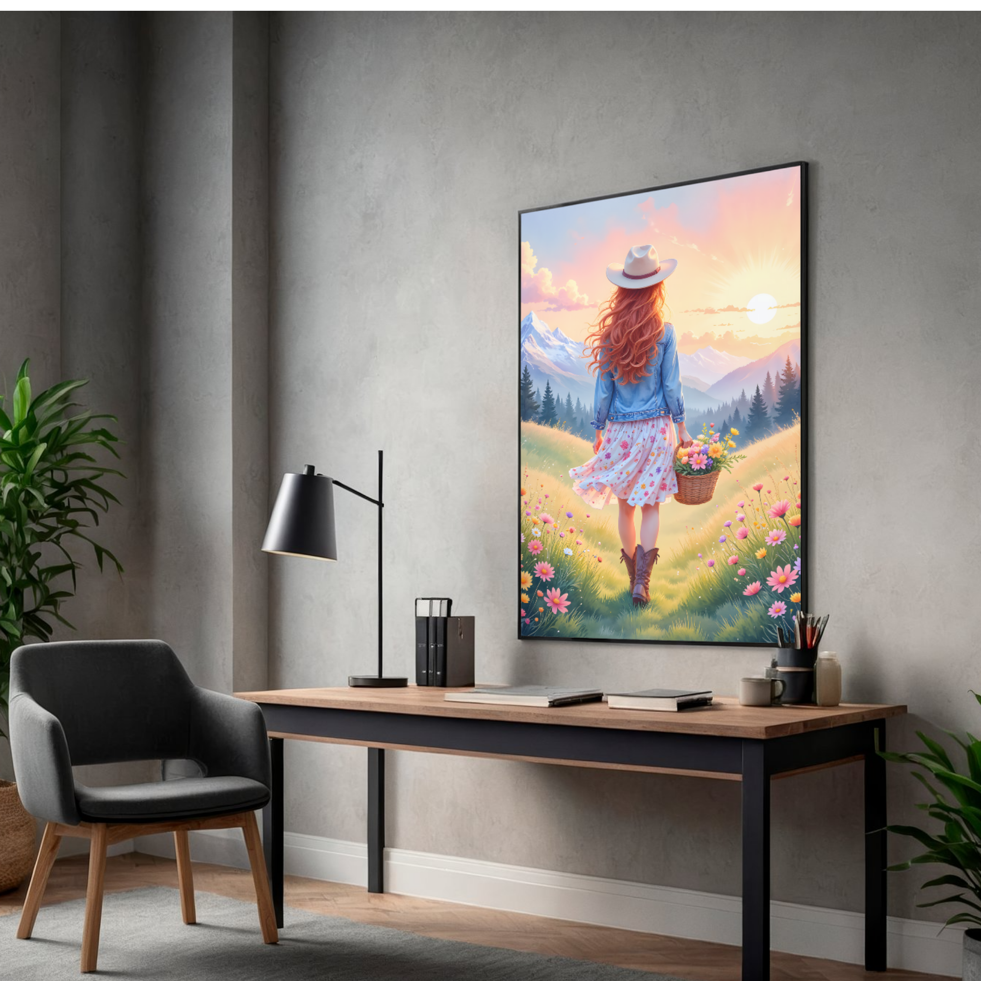 Auburn spring cowgirl western wall art displayed above a console table in a stylish home interior