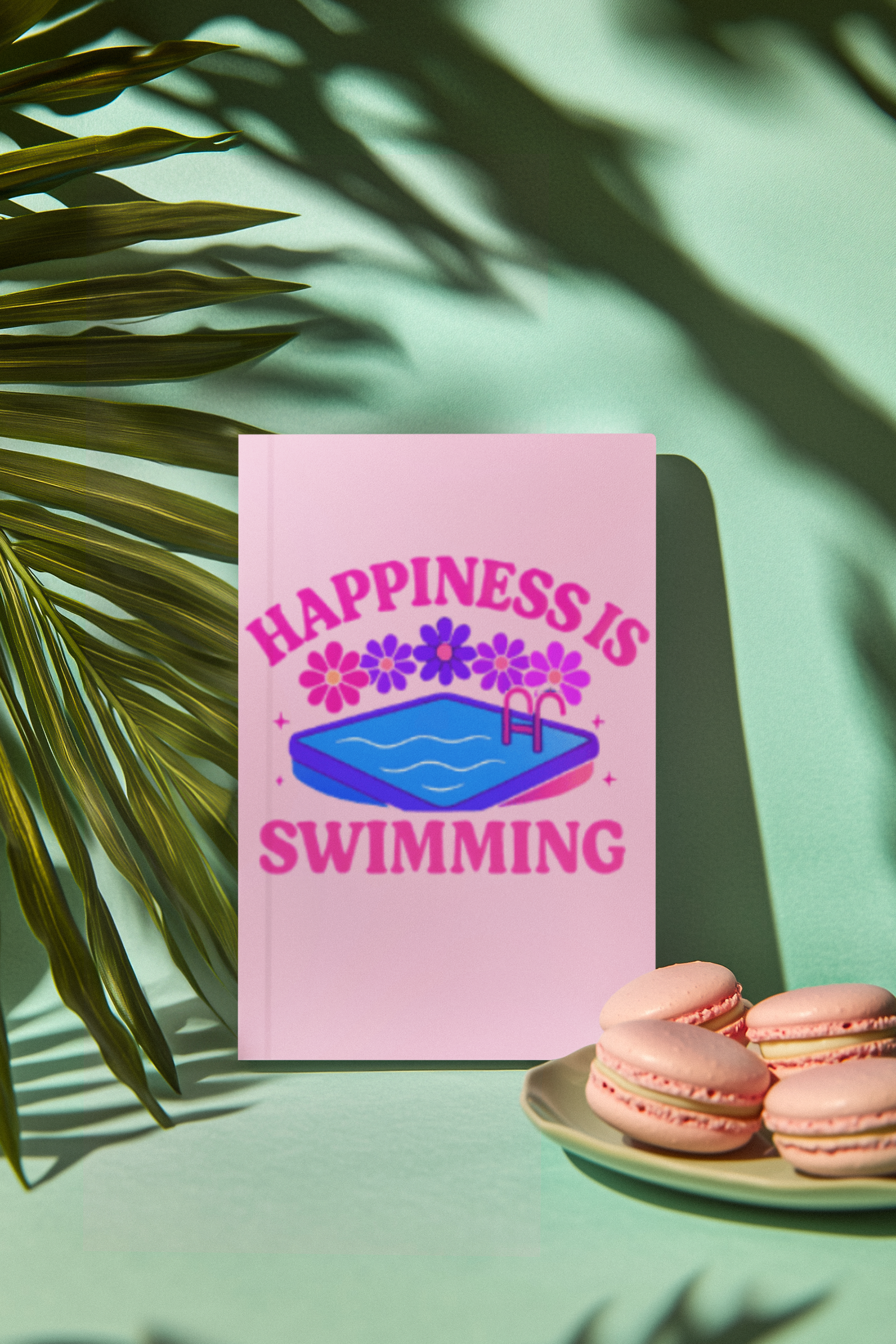 Happiness Is Swimming swim planner mockup with pink cover, pool graphic, and floral design for swimmers and swim teams