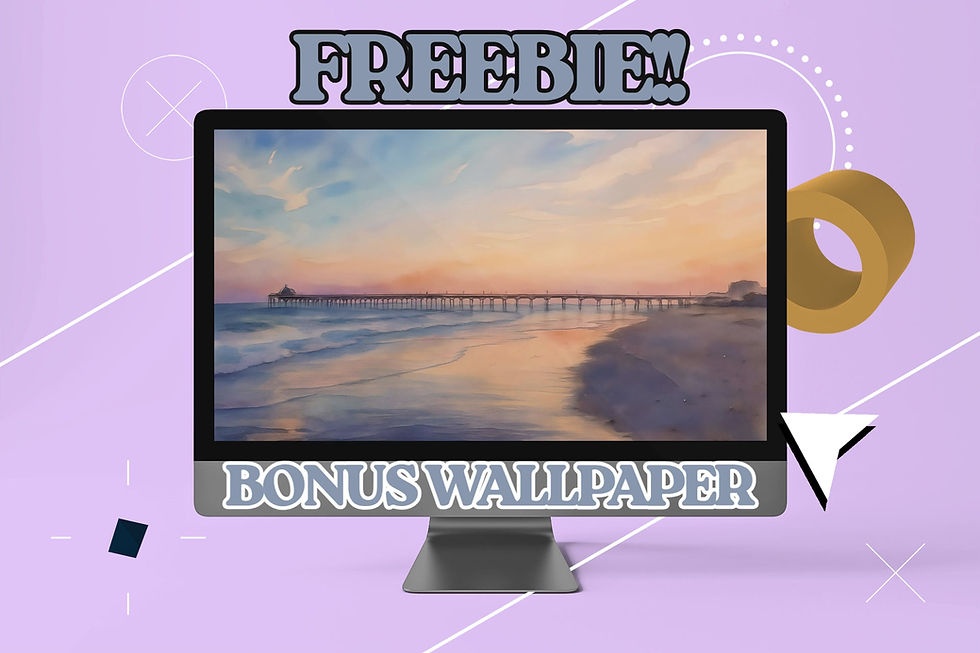 Thumbnail: Digital coastal sunset pier art print shown on a computer screen with a “Freebie” label.