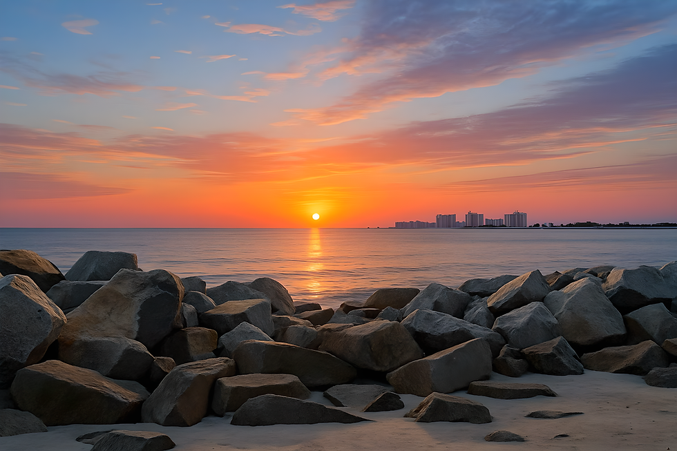 Thumbnail: Golden coastal sunset over calm ocean with rocks in foreground – digital download wall art from Print & Panic