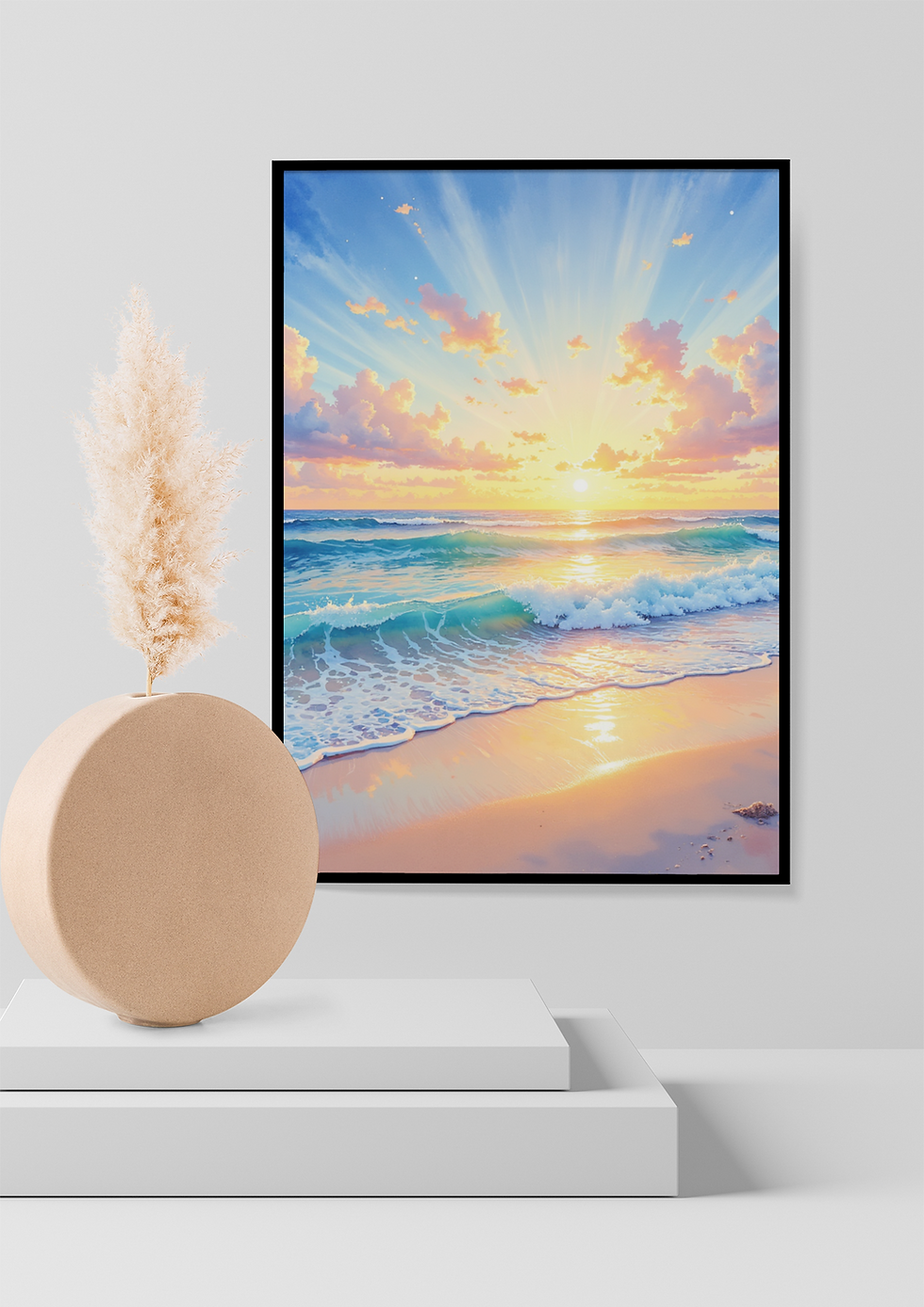 Thumbnail: Ocean sunrise wall art in modern minimalist room with neutral decor