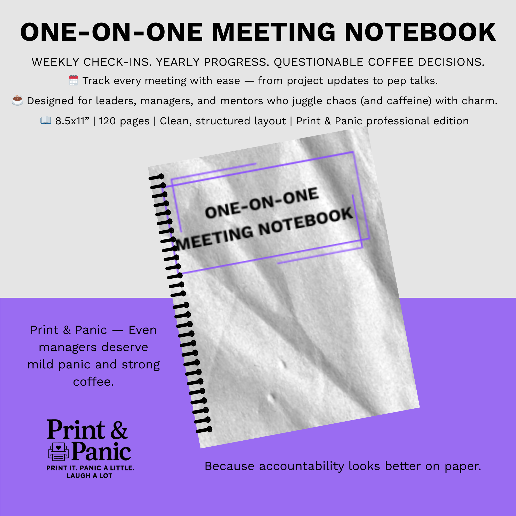 “One-on-One Meeting Notebook by Print & Panic – professional gray cover with bold black text and structured layout for leader