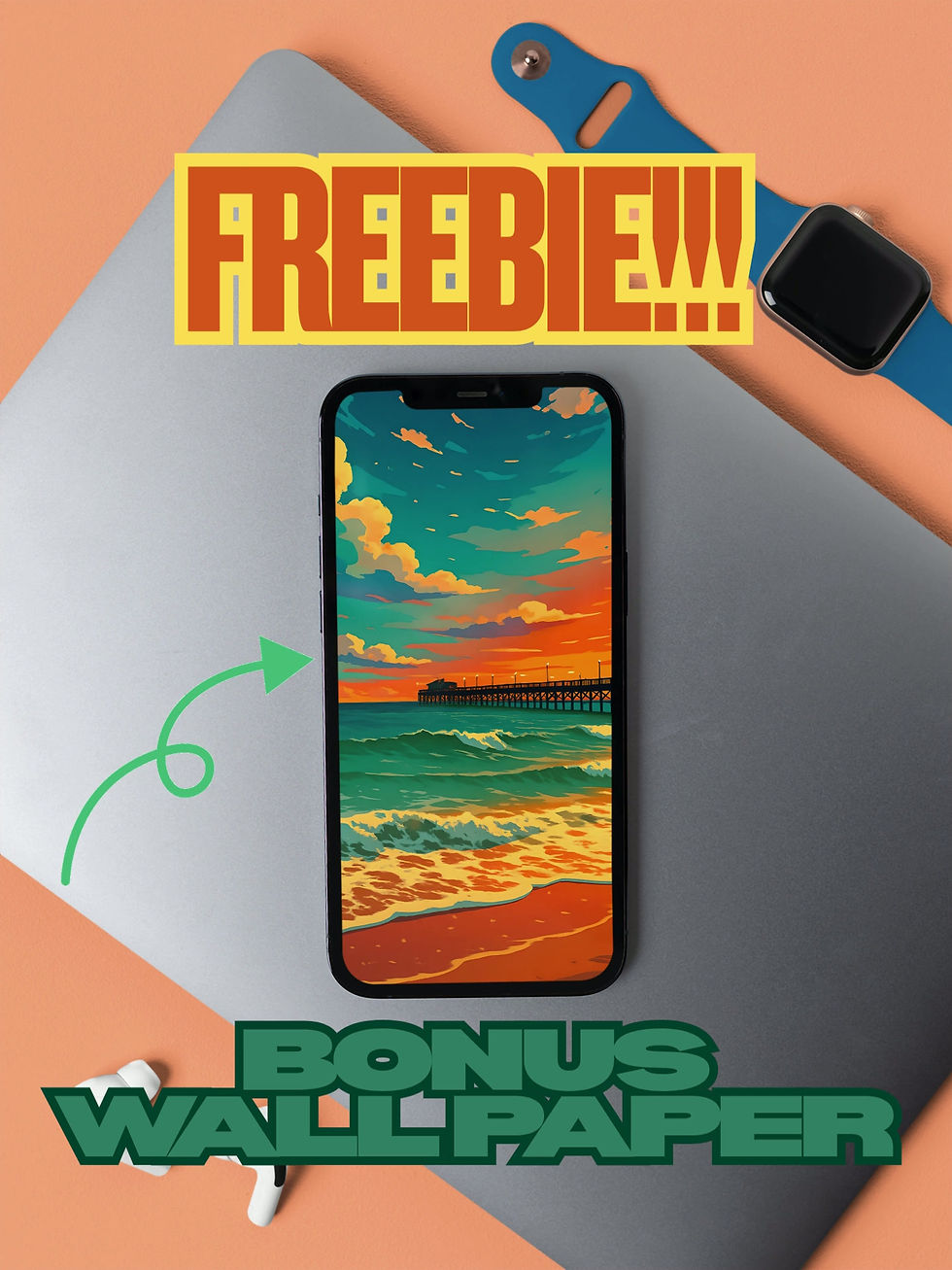 Thumbnail: Free phone wallpaper bonus – Tropical sunset beach image on mobile device with FREEBIE label