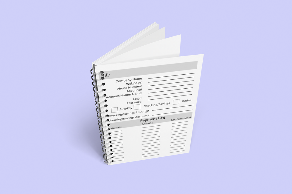 Thumbnail: “Standing 3D mockup of Mini Bill Tracker Notebook showing front cover and thickness. One-year bill and expense organizer by P