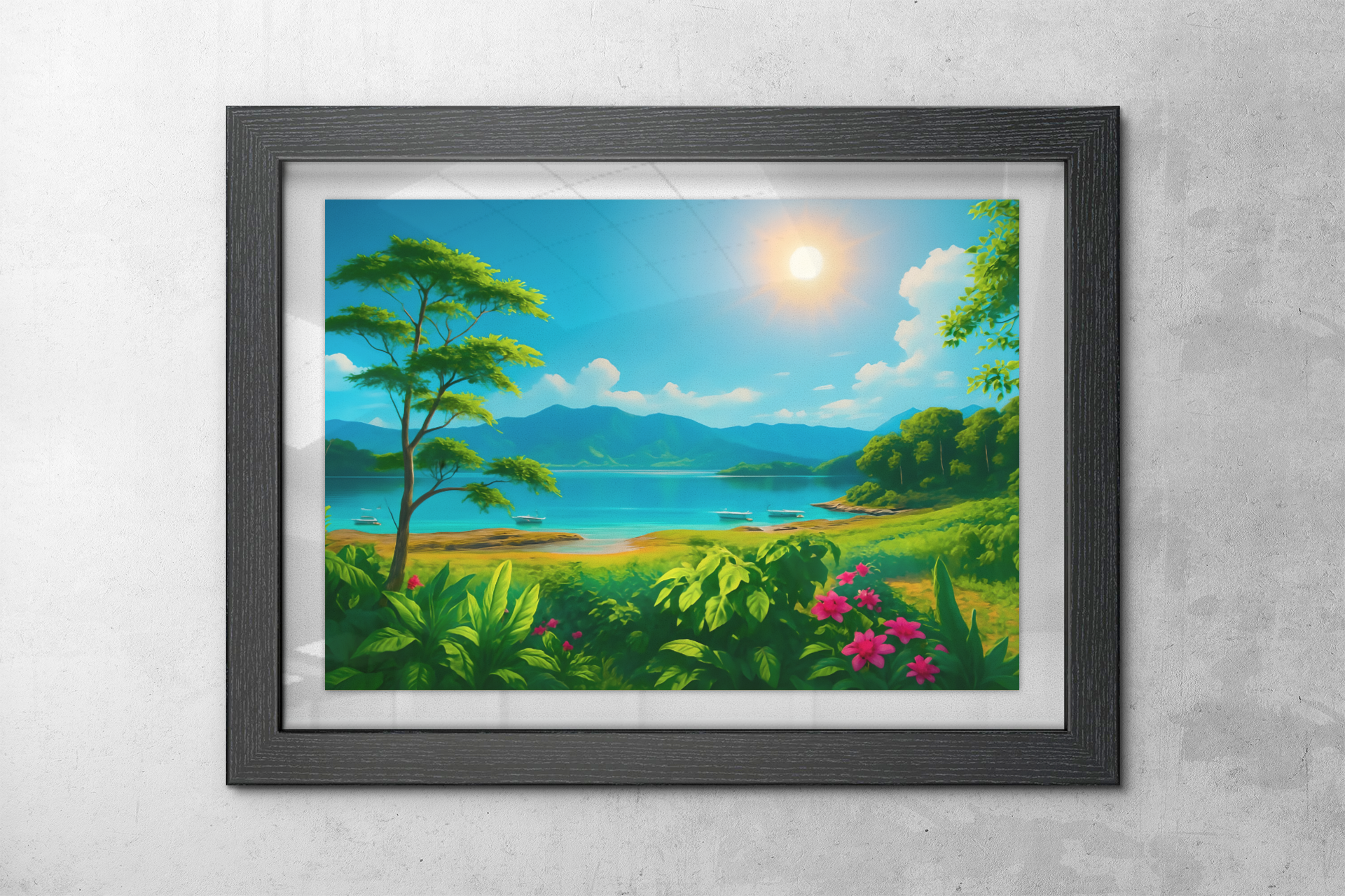 Framed tropical landscape wall art with lush greenery, blue sky, and bright sunshine